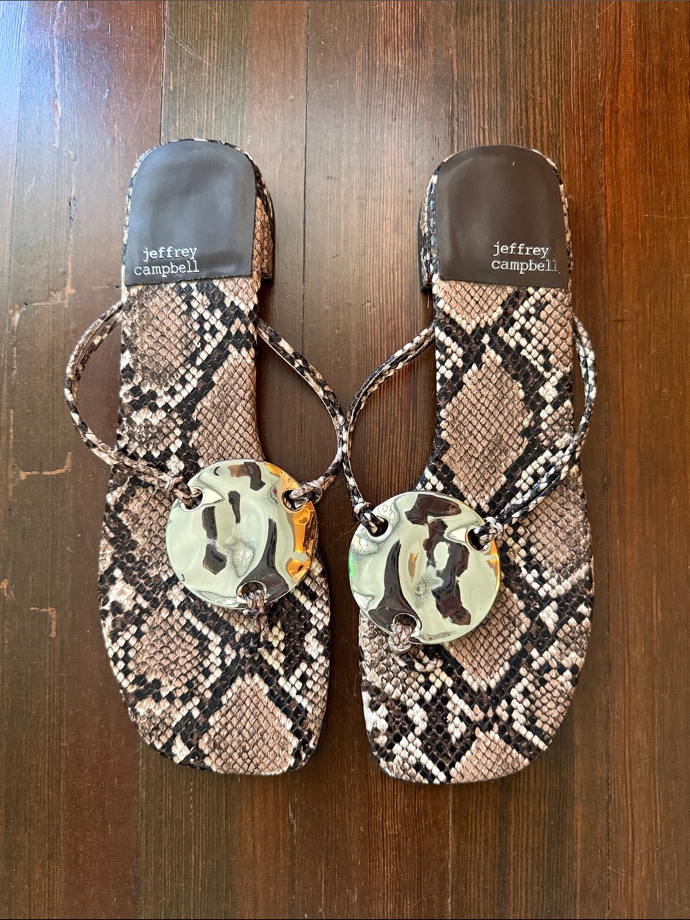 Jeffrey Campbell Brown Snake-Print Sandals with Round Metallic Accent
